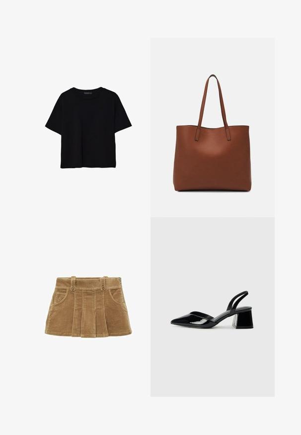Črna kratkotrajna majica brez rokavov iz bombaža. Ima okroglo ovratnico in sproščen kroj z gladko, enostavno teksturo. Brez vidnih vzorcev ali dodatkov.; Mango Krilo A-kroja - khaki; Črne lakirane slingback pete s koničastim nosom in geometrijsko blokasto peto. Imajo eleganten, minimalističen dizajn in gladko teksturo.; Rjava usnjena torba z gladko teksturo, odprto zasnovo zgoraj in dvema naramnima trakovoma. Opremljena je z minimalnim šivanjem in brez vidnih kovinskih delov.