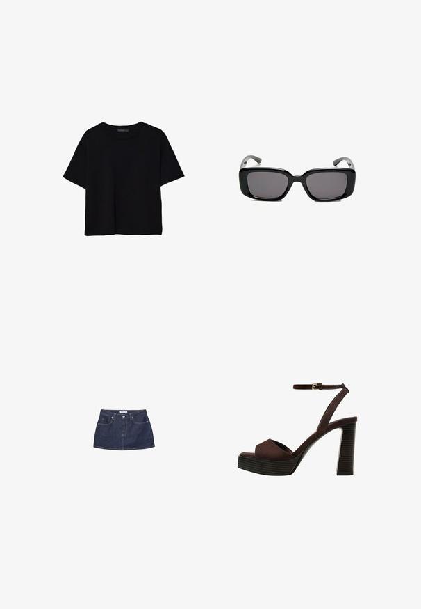 T-shirt noir à manches courtes en coton. Présente un col rond et une coupe ample avec une texture lisse et unie. Aucun motif ni accent visible.; Mini-jupe en denim bleu foncé avec une taille ajustée, des poches avant et une fermeture à bouton métallique. Texture lisse et coupe classique.; Sandale à talons hauts en suede marron avec un bout ouvert, une bride de cheville réglable et une semelle de plateforme rayée.; Lunettes de soleil noires rectangulaires avec des verres foncés, monture en plastique lisse et branches courbées. Le design est épais avec une esthétique minimaliste.