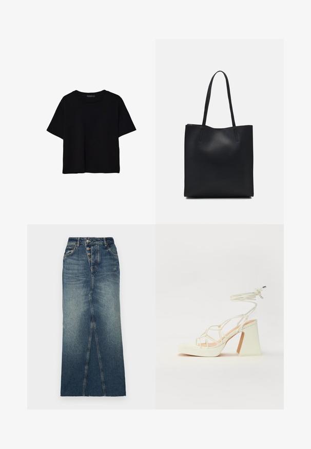 Črna kratkotrajna majica brez rokavov iz bombaža. Ima okroglo ovratnico in sproščen kroj z gladko, enostavno teksturo. Brez vidnih vzorcev ali dodatkov.; Denim midi krilo v temno modrem odtenku z odprtino spredaj, zapiranjem na pet gumbov in klasičnimi detajli šivanja, značilnimi za jeans.; Bela sandala na visokih petah s debelim petam, ki ima obliko trakcev in vezanje okoli gležnja. Gladka tekstura z platformo spredaj za dodatno višino.; Črna usnjena torba s svilnato teksturo, pravokotne oblike in dvema dolgima ročajema. Brez vidnih metalnih delov ali okrasnih elementov.