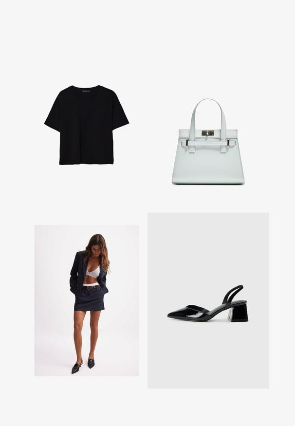 T-shirt nera a maniche corte in cotone. Presenta un collo rotondo e una vestibilità ampia con una texture liscia e uniforme. Nessun motivo o accento visibile.; Completo giacca e gonna navy, vestibilità sartoriale, con cintura coordinata. Sotto una lingerie bianca. Scarpe nere a punta completano l'outfit. Texture del tessuto liscia.; Décolleté in vernice nera con punta affusolata e tacco in geometria cubica. Presentano un design elegante e minimalista, con una texture liscia.; Borsa a mano azzurro chiaro con design strutturato, due manici e chiusura in metallo tono argento. Materiale testurizzato e angoli acuti.