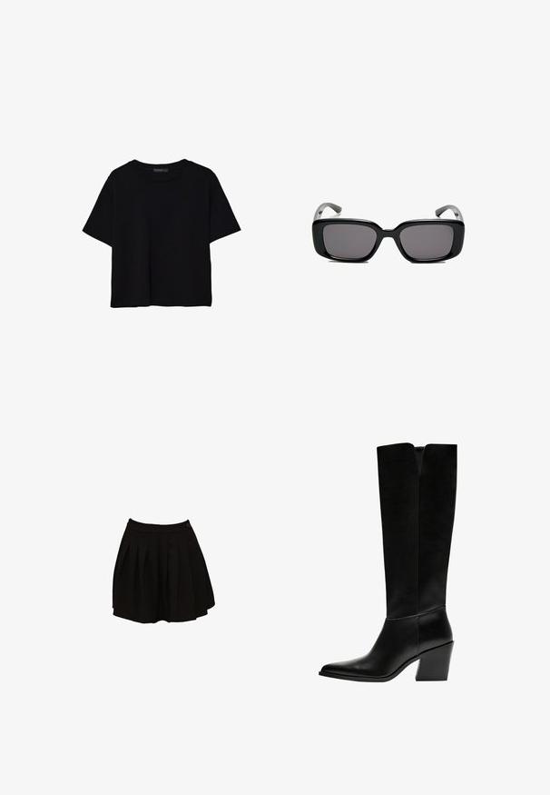 T-shirt nera a maniche corte in cotone. Presenta un collo rotondo e una vestibilità ampia con una texture liscia e uniforme. Nessun motivo o accento visibile.; Gonna nera plissettata con vita aderente e un dettaglio a bottone singolo. Il tessuto appare liscio e leggero, progettato per una silhouette svasata.; Stivali neri al ginocchio in pelle liscia, con punta appuntita, tacco a blocco e un'apertura a forma di V nella parte superiore.; Occhiali da sole neri rettangolari con lenti scure, montatura in plastica liscia e tempie curve. Il design è voluminoso con un'estetica minimalista.