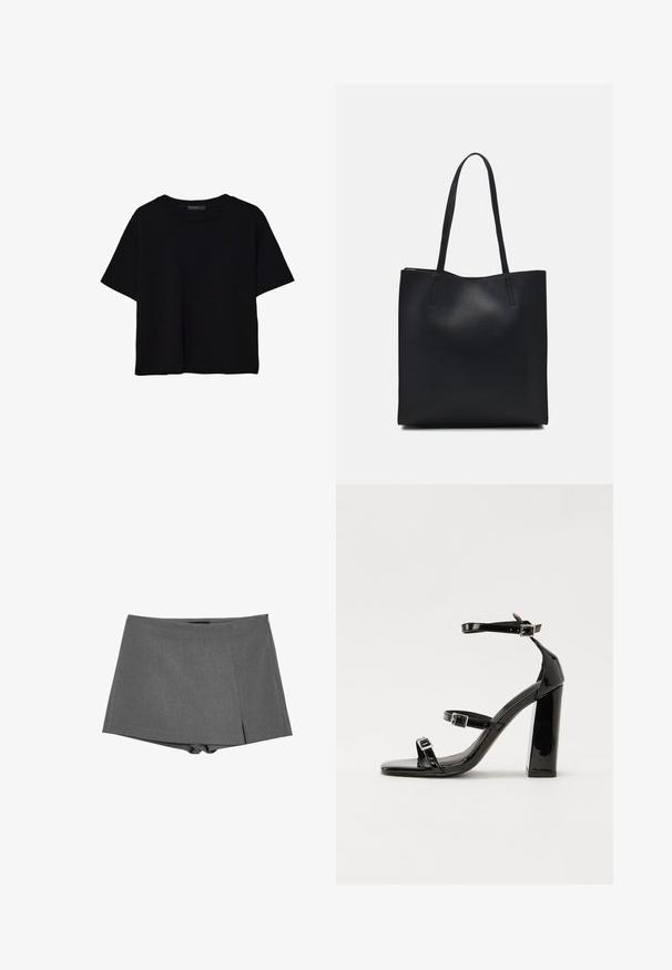 T-shirt nera a maniche corte in cotone. Presenta un collo rotondo e una vestibilità ampia con una texture liscia e uniforme. Nessun motivo o accento visibile.; Pantaloni corti grigi strutturati con un design su misura, caratterizzati da una cerniera laterale e una piega sottile per un tocco di eleganza. Realizzati in un tessuto morbido.; Sandali con tacco in vernice nera, con punta squadrata, cinturini alla caviglia e fibbie in argento. Presentano un tacco a blocco spesso per maggiore stabilità.; Borsa tote in pelle nera con texture liscia, forma rettangolare e due manici lunghi. Nessun hardware o decorazione visibile.