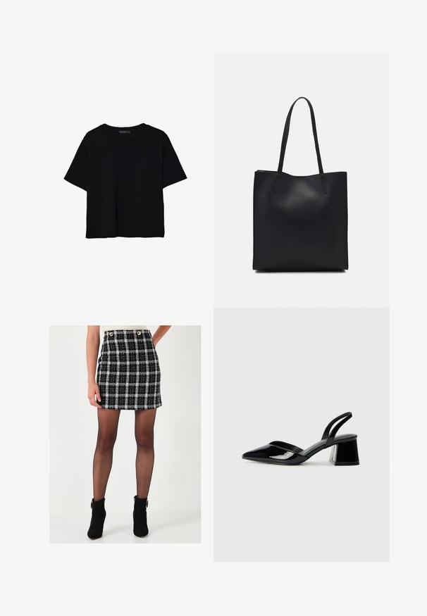 Čierne tričko s krátkym rukávom vyrobené z bavlny. Má okrúhly výstrih a voľný strih s hladkou, jednofarebnou textúrou. Žiadne viditeľné vzory ani akcenty.; Čierno-biela kockovaná mini sukňa z textúrovanej látky, s prednými gombíkmi a priliehavým strihom, skombinovaná s čiernymi členkovými čižmami.; Čierne lakované kožené sandálové podpätky s špicatou špičkou a geometrickým blokovým podpätkom. Disponujú elegantným, minimalistickým dizajnom a hladkým povrchom.; Čierna kožená taška na rameno s hladkým povrchom, obdĺžnikovým tvarom a dvoma dlhými uchami. Bez viditeľného kovania alebo ozdôb.