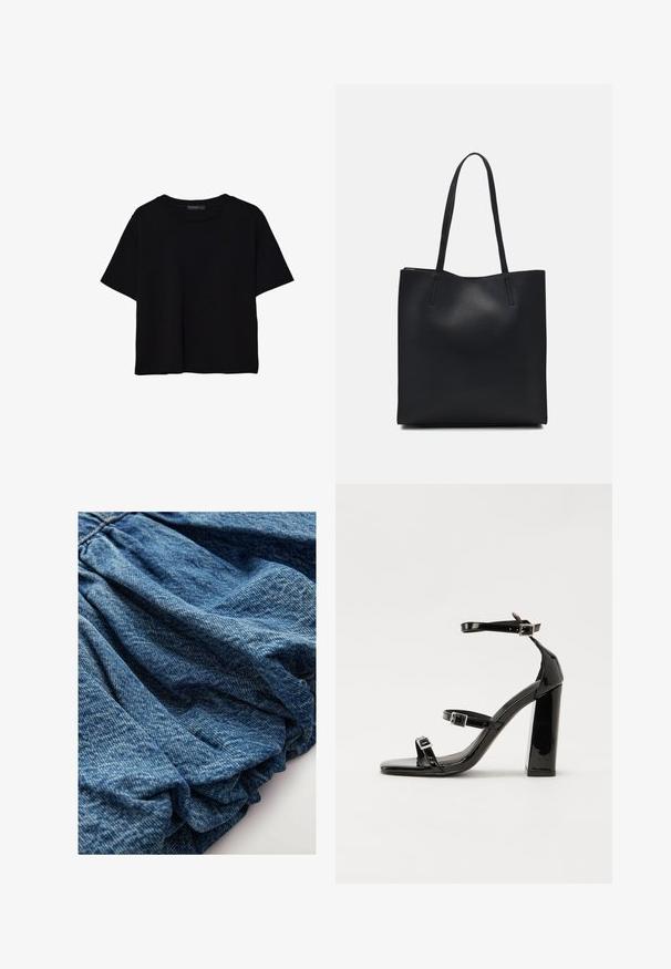 Schwarzes T-Shirt mit kurzen Ärmeln aus Baumwolle. Verfügt über einen runden Ausschnitt und einen lockeren Schnitt mit einer glatten, einfarbigen Textur. Keine sichtbaren Muster oder Akzente.; Denimstoff in einem tiefen Blauton, mit geraffter Textur, die sanfte Falten erzeugt. Glatte Oberfläche mit subtilen Farbvariationen.; Schwarze patentierte Sandalen mit Absatz, quadratischer Spitze, Knöchelriemen und silbernen Schnallen. Mit einem stabilen Blockabsatz für mehr Stabilität.; Schwarze Laptoptasche aus Leder mit glatter Textur, rechteckiger Form und zwei langen Griffen. Keine sichtbaren Beschläge oder Verzierungen.