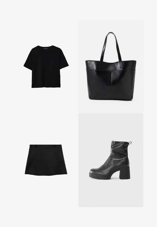Čierne tričko s krátkym rukávom vyrobené z bavlny. Má okrúhly výstrih a voľný strih s hladkou, jednofarebnou textúrou. Žiadne viditeľné vzory ani akcenty.; Čierna sukňa s priliehavým pásom, rozšíreným lemom a dvoma bočnými vreckami. Vyrobená z hladkého materiálu s viditeľnými švy.; Čierne členkové topánky z hladkej kože, so bočným zipsom, robustnou textúrovanou pätnou časťou a zaobleným dizajnom špičky.; Čierna kožená tote taška s dvoma dlhými rúčkami, hladkým povrchom a štruktúrovaným tvarom. Obsahuje prednú kapsu pre dodatočné uskladnenie.