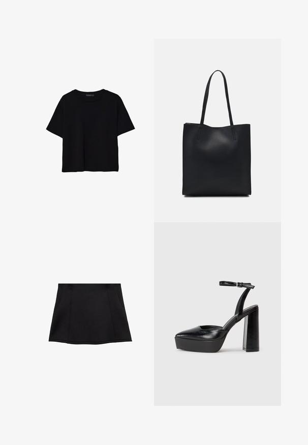 T-shirt nera a maniche corte in cotone. Presenta un collo rotondo e una vestibilità ampia con una texture liscia e uniforme. Nessun motivo o accento visibile.; Gonna nera con vita aderente, orlo svasato e due tasche laterali. Realizzata in un materiale morbido con dettagli di cucitura visibili.; Tacchi a piattaforma neri con punta appuntita e cinturino regolabile alla caviglia. Realizzati in pelle liscia, presentano un tacco a blocco spesso.; Borsa tote in pelle nera con texture liscia, forma rettangolare e due manici lunghi. Nessun hardware o decorazione visibile.