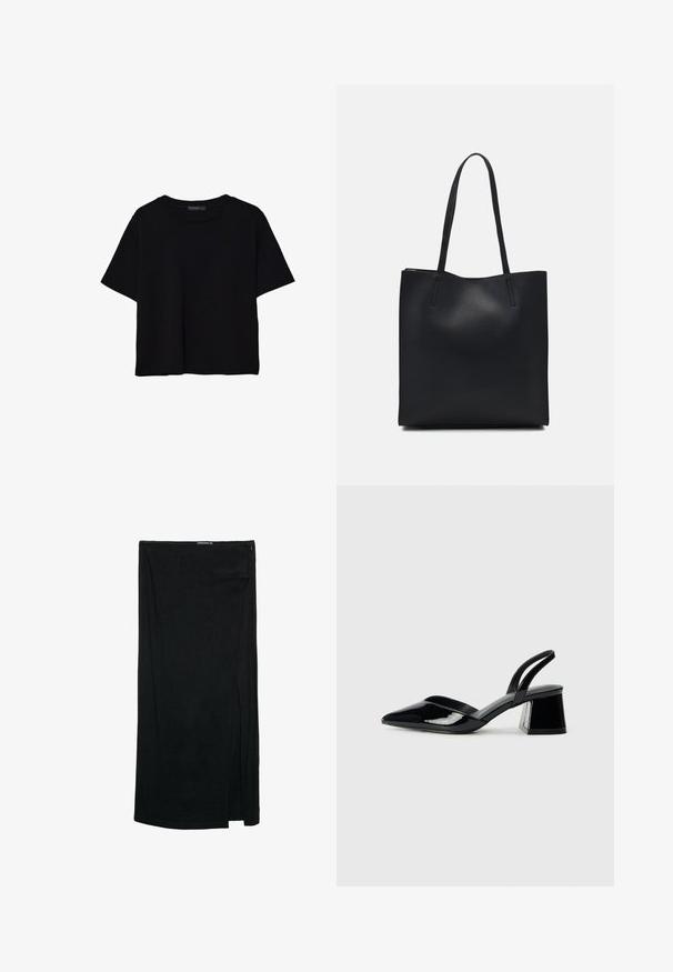 Sort kortærmet T-shirt lavet af bomuld. Har rund hals og en løs pasform med en glat, ensfarvet tekstur. Ingen synlige mønstre eller detaljer.; Sort, knælang nederdel med en sideslids, lavet af et let stof med en glat tekstur og et simpelt design. Lynlås lukning i taljen.; Sorte patentlæder slingback hæle med spids tå og en geometrisk blok hæl. Har et elegant, minimalistisk design og en glat tekstur.; Sort læder tote taske med glat tekstur, rektangulær form og to lange hanke. Ingen synlig hardware eller udsmykninger.