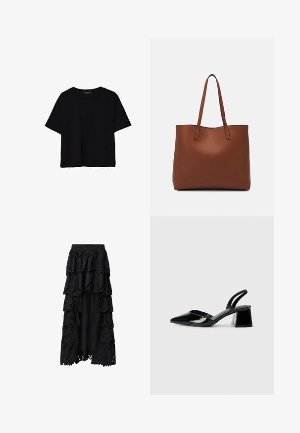 T-shirt noir à manches courtes en coton. Présente un col rond et une coupe ample avec une texture lisse et unie. Aucun motif ni accent visible.; Jupe noire à volants en dentelle et tissu, ornée de multiples volants, de motifs floraux complexes et d'une doublure intérieure pour plus de couvrance.; Escarpins en cuir verni noir avec bout pointu et talon bloc géométrique. Présente un design élégant et minimaliste ainsi qu'une texture lisse.; Sac fourre-tout en cuir marron avec une texture lisse, design à ouverture supérieure et deux poignées pour le porter à l'épaule. Présente des coutures minimales et aucun matériel visible.