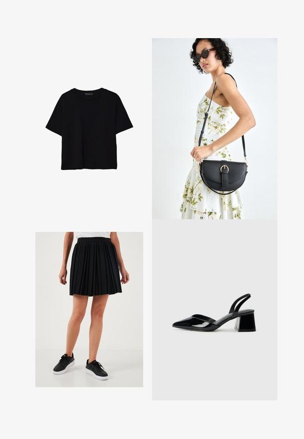 Črna kratkotrajna majica brez rokavov iz bombaža. Ima okroglo ovratnico in sproščen kroj z gladko, enostavno teksturo. Brez vidnih vzorcev ali dodatkov.; Črna plisirana krila z visokim pasom in gladko teksturo, v kombinaciji s črnimi supergami z belimi podplati.; Črne lakirane slingback pete s koničastim nosom in geometrijsko blokasto peto. Imajo eleganten, minimalističen dizajn in gladko teksturo.; Črna usnjena torbica s ukrivljeno obliko, z odstranljivo naramnico in zlatimi dodatki. Torbica ima pokrov s podrobnostmi v obliki zaponke.