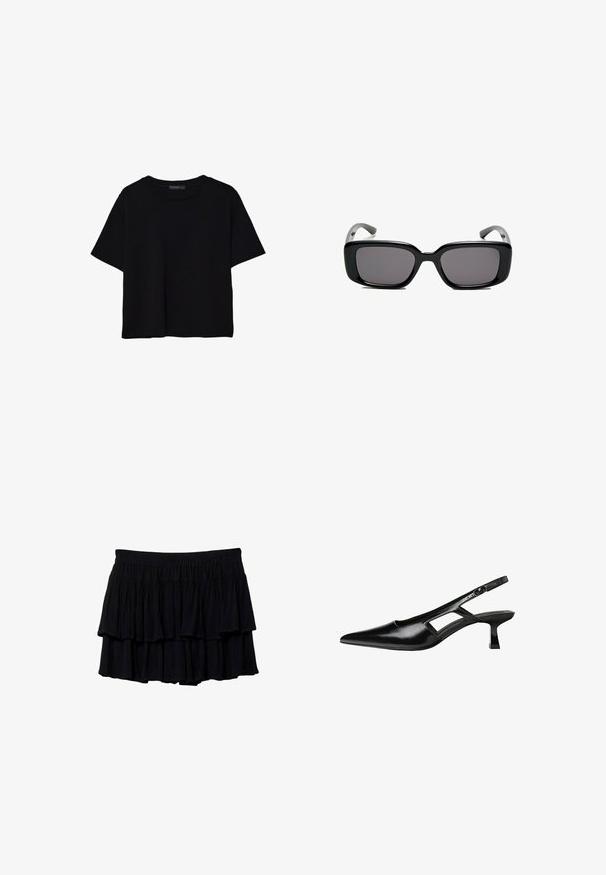 Crna majica kratkih rukava od pamuka. Ima okrugli izrez i labav kroj s glatkom, jednoličnom teksturom. Nema vidljivih uzoraka ili akcenta.; Crna mini suknja s volanima, od mekog materijala, s elastičnom gumom za udobnost. Lagana tekstura s slojevitim volanima.; Crne lakirane natikače na remenčić sa špicastim nosom, dizajnom sa izrezima sa strane i malim kvadratnim potplatom. Glatka tekstura s minimalnim akcentima.; Crne pravokutne sunčane naočale s tamnim lećama, glatkim plastičnim okvirom i zakrivljenim državama. Dizajn je masivan s minimalističkom estetikom.