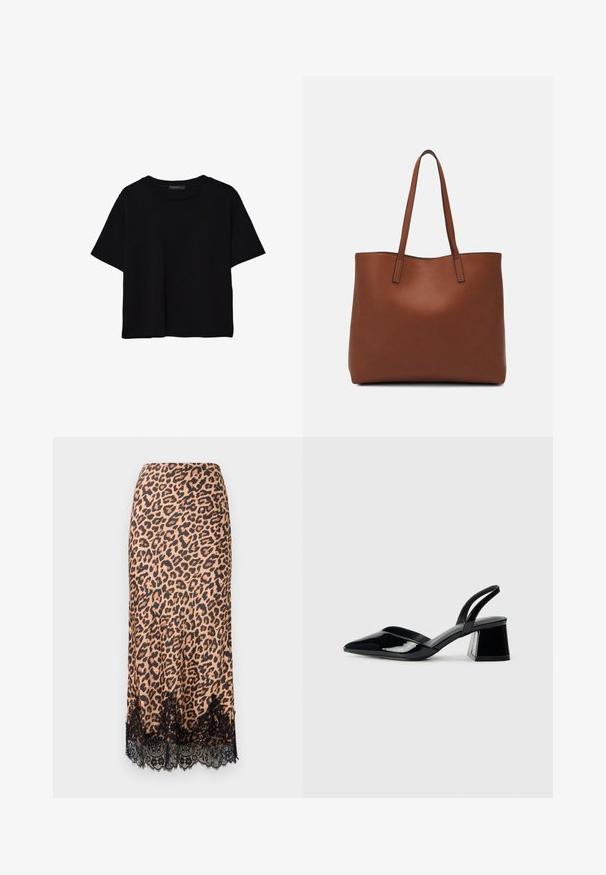Črna kratkotrajna majica brez rokavov iz bombaža. Ima okroglo ovratnico in sproščen kroj z gladko, enostavno teksturo. Brez vidnih vzorcev ali dodatkov.; Midi krilo z leopardjim vzorcem, izdelano iz gladkega blaga, z črnim čipkastim robom, A-silhuete in prilegajočim pasom.; Črne lakirane slingback pete s koničastim nosom in geometrijsko blokasto peto. Imajo eleganten, minimalističen dizajn in gladko teksturo.; Rjava usnjena torba z gladko teksturo, odprto zasnovo zgoraj in dvema naramnima trakovoma. Opremljena je z minimalnim šivanjem in brez vidnih kovinskih delov.