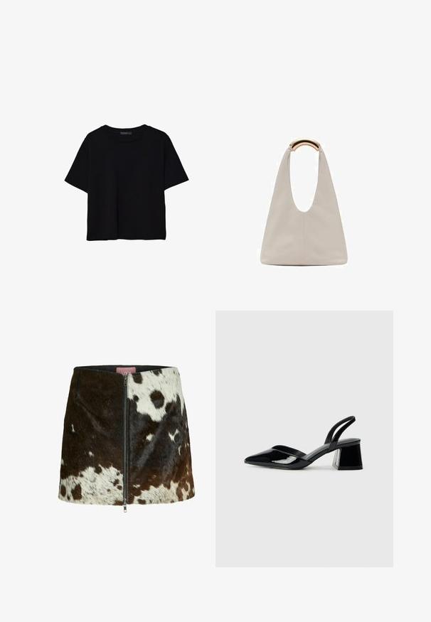 Črna kratkotrajna majica brez rokavov iz bombaža. Ima okroglo ovratnico in sproščen kroj z gladko, enostavno teksturo. Brez vidnih vzorcev ali dodatkov.; JJXX HANNAH - Usnjeno krilo - bone white; Črne lakirane slingback pete s koničastim nosom in geometrijsko blokasto peto. Imajo eleganten, minimalističen dizajn in gladko teksturo.; Svetlo siva usnjena torba z U-oblika zasnovo in ukrivljenim kovinskim ročajem. Gladka tekstura z minimalnim šivom in brez vidnih vzorcev.