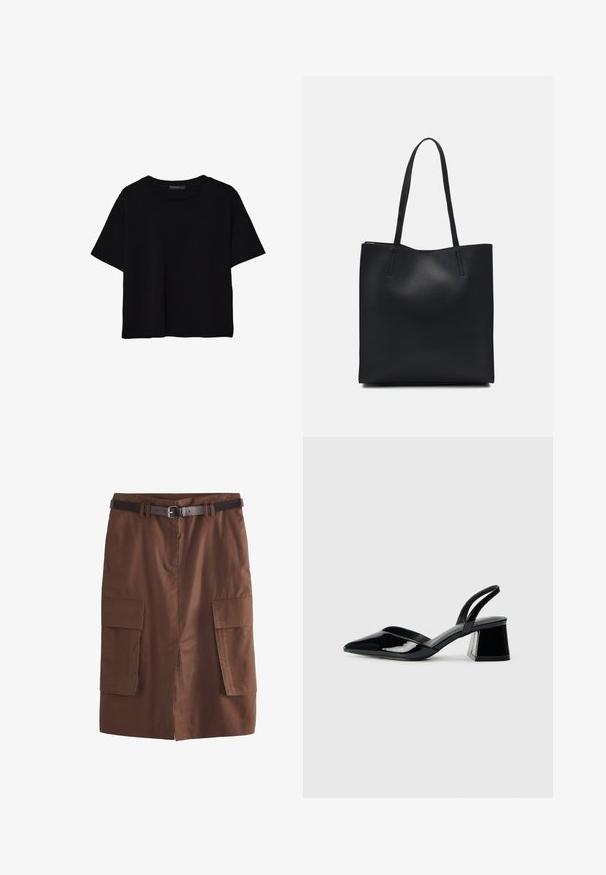 Črna kratkotrajna majica brez rokavov iz bombaža. Ima okroglo ovratnico in sproščen kroj z gladko, enostavno teksturo. Brez vidnih vzorcev ali dodatkov.; Rjava bombažna krila z srednjo dolžino, pasom z zadrgo, sprednjim razporkom in dvema velikima žepoma za funkcionalnost.; Črne lakirane slingback pete s koničastim nosom in geometrijsko blokasto peto. Imajo eleganten, minimalističen dizajn in gladko teksturo.; Črna usnjena torba s svilnato teksturo, pravokotne oblike in dvema dolgima ročajema. Brez vidnih metalnih delov ali okrasnih elementov.