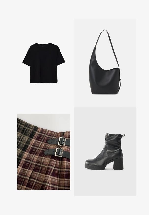 Črna kratkotrajna majica brez rokavov iz bombaža. Ima okroglo ovratnico in sproščen kroj z gladko, enostavno teksturo. Brez vidnih vzorcev ali dodatkov.; Krilo v stilu kilt z vzorcem v karo, ki vključuje odtenke črne, bež in burgundske barve. Vključuje tudi dva črna usnjena pasova s srebrnimi zaponkami.; Črne gležnjarje iz gladke kože z božnim zadrgo, masivnim teksturiranim peto in zaobljeno obliko prstov.; Črna usnjena hobo torba z gladko teksturo, ukrivljeno obliko in eno nastavljivo naramnico; ima širok odprtina na vrhu.