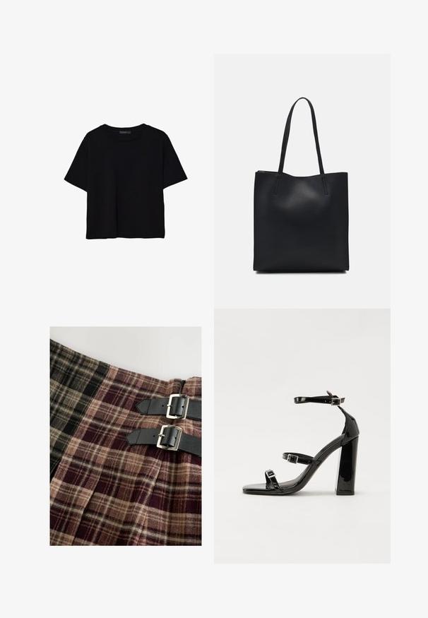 Zwart kortemouwen t-shirt van katoen. Heeft een ronde hals en een losse pasvorm met een gladde, egaal textuur. Geen zichtbare patronen of accenten.; Kiltstijl rok van geruite stof in tinten zwart, beige en bordeauxrood. Inclusief twee zwarte leren riemen met zilveren gespen.; Zwarte gepatenteerde sandalen met hak en een vierkante neus, enkelbandjes en zilveren gespen. Heeft een stevige blokhak voor stabiliteit.; Zwarte leren handtas met een gladde textuur, rechthoekige vorm en twee lange handvaten. Geen zichtbare hardware of versieringen.