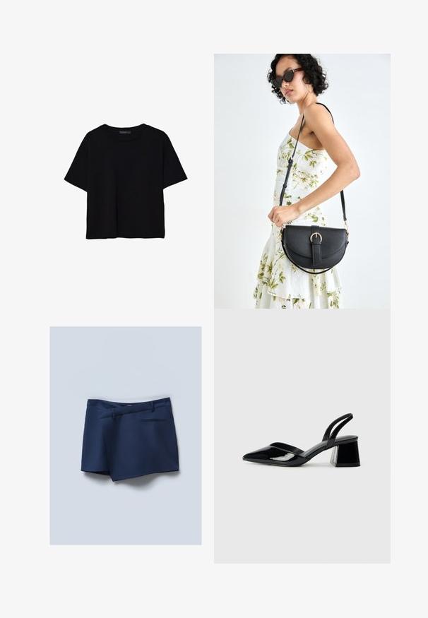 Sort kortærmet T-shirt lavet af bomuld. Har rund hals og en løs pasform med en glat, ensfarvet tekstur. Ingen synlige mønstre eller detaljer.; Marineblå shorts med flad front, sidelommer og en baglomme. Glat stof med et skræddersyet udseende og syede detaljer.; Sorte patentlæder slingback hæle med spids tå og en geometrisk blok hæl. Har et elegant, minimalistisk design og en glat tekstur.; Sort læderhåndtaske med en buet form, aftagelig rem og guldfinish. Tasken har en klap med en spænde detalje.