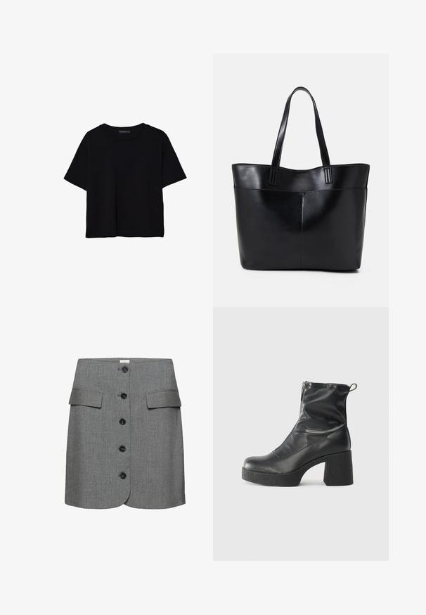 Crna majica kratkih rukava od pamuka. Ima okrugli izrez i labav kroj s glatkom, jednoličnom teksturom. Nema vidljivih uzoraka ili akcenta.; Siva suknja s prugama sa dva prednja džepa, okruglim rubom i šest crnih dugmadi sprijeda za zatvaranje. Struktuirana tekstura tkanine.; Crne gležnjače od glatke kože, s bočnim zatvaračem, debelim teksturiranim potplatom i dizajnom s zaobljenim prstima.; Crna kožna torba s dugim ručkama, glatkom teksturom i strukturiranim oblikom. Ima prednju džep za dodatno pohranu.