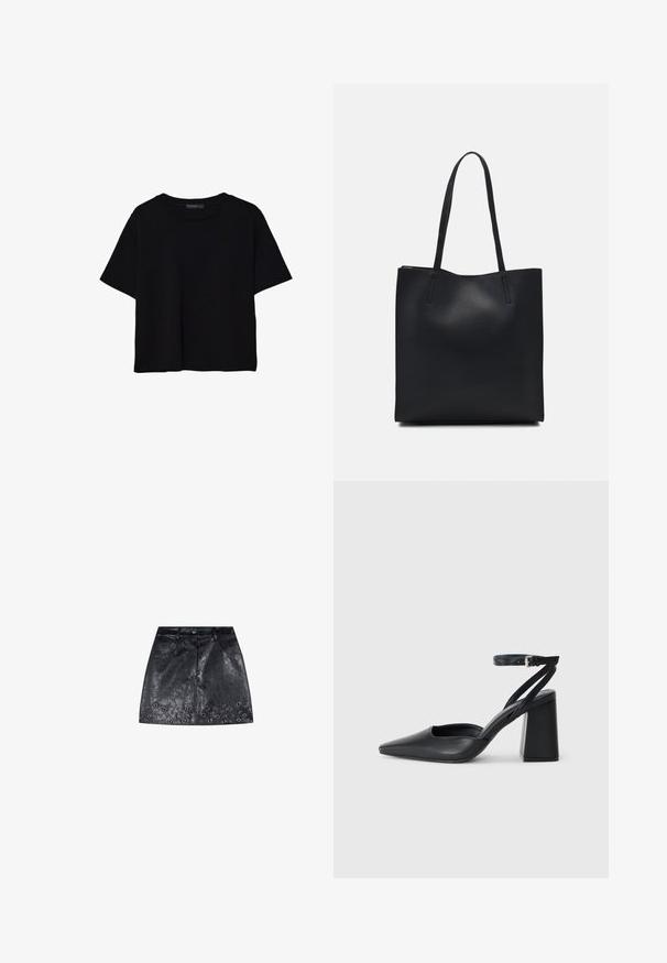 Black short-sleeve t-shirt made of cotton. Features a round neck and a loose fit with a smooth, plain texture. No visible patterns or accents.; Black leather skirt featuring a straight design, two front pockets, and a decorative pattern of metal eyelets along the hem.; Black leather pointy-toe pump with an ankle strap and a chunky heel. Flat texture, sleek design, and minimalistic aesthetics.; Black leather tote bag with smooth texture, rectangular shape, and two long handles. No visible hardware or embellishments.