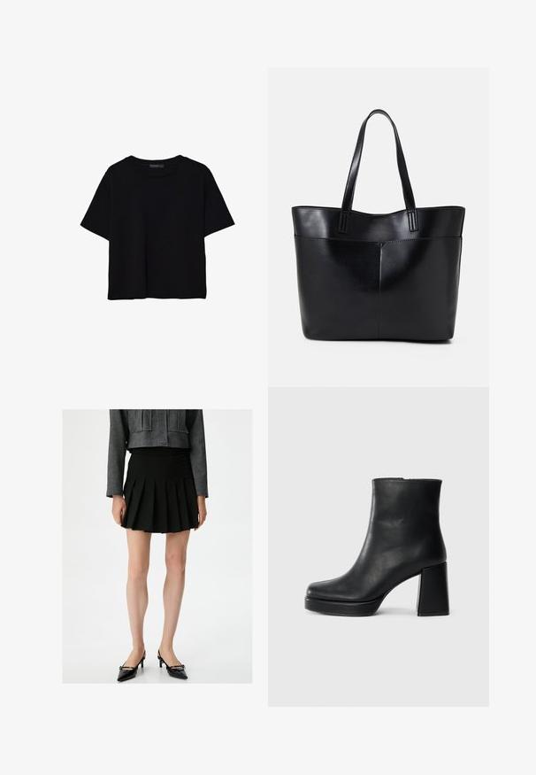 T-shirt nera a maniche corte in cotone. Presenta un collo rotondo e una vestibilità ampia con una texture liscia e uniforme. Nessun motivo o accento visibile.; Gonna nera plissè con una tessitura liscia. Abbinata a un giubbotto grigio corto e strutturato e tacchi a punta neri. Design semplice e classico.; Stivale alla caviglia in pelle nera con tacco a blocco e suola platform, visto di lato su uno sfondo bianco uniforme.; Borsa a tracolla in pelle nera con due manici lunghi, una texture liscia e una forma strutturata. Presenta una tasca frontale per ulteriore spazio di archiviazione.