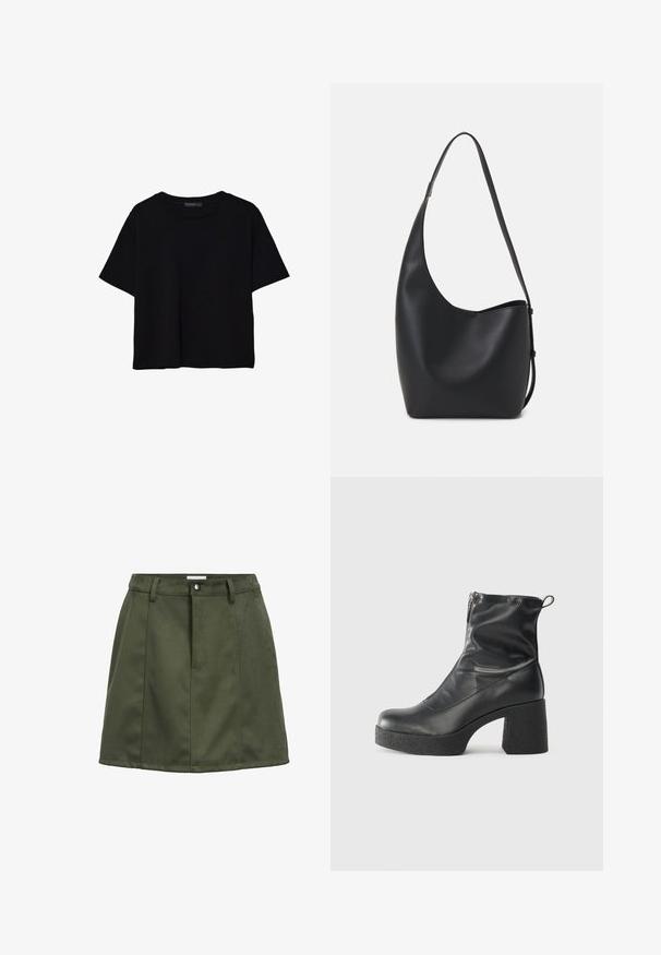 Schwarzes T-Shirt mit kurzen Ärmeln aus Baumwolle. Verfügt über einen runden Ausschnitt und einen lockeren Schnitt mit einer glatten, einfarbigen Textur. Keine sichtbaren Muster oder Akzente.; Dunkelgrünes Wildleder-Minikleid mit Gürtelschlaufen, vorderem Knopf und Nahtdetails.; Schwarze Stiefeletten aus glattem Leder mit seitlichem Reißverschluss, klobigem strukturiertem Absatz und runder Zehenform.; Schwarze Leder-Hobo-Tasche mit einer glatten Textur, geschwungener Form und einem einzelnen verstellbaren Tragegurt; verfügt über eine weite Öffnung am oberen Ende.