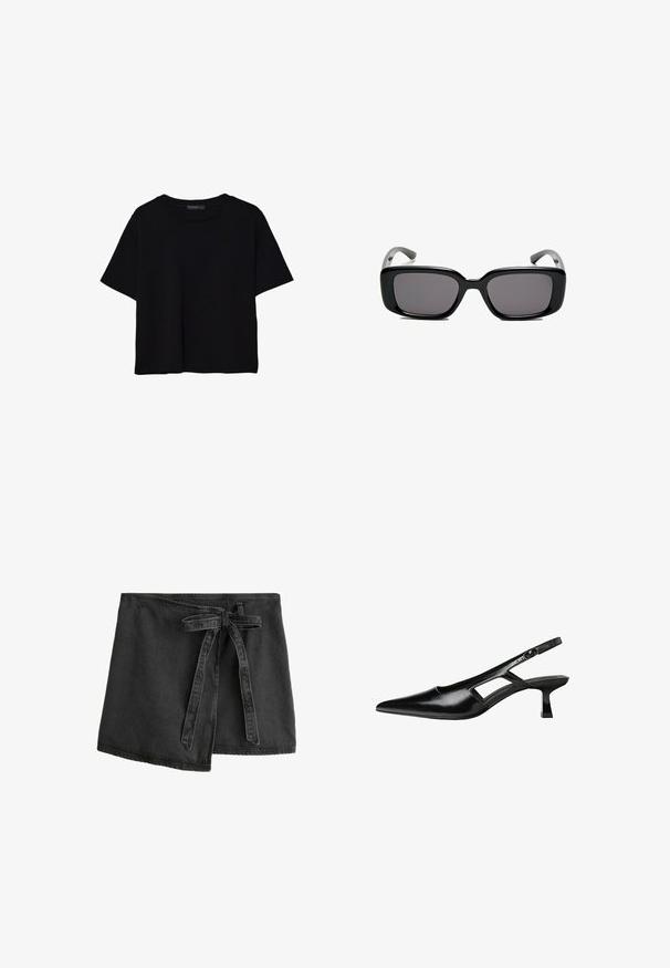 Zwart kortemouwen t-shirt van katoen. Heeft een ronde hals en een losse pasvorm met een gladde, egaal textuur. Geen zichtbare patronen of accenten.; Zwarte denim wikkeltaille rok met een strikceintuur, asymmetrische zoom en een zachte textuur. Heeft stikdetails langs de randen.; Zwarte gepatineerde leren slingback hakken met een puntige neus, uitsparing aan de zijkant en een kleine vierkante hak. Gladde textuur met minimale accenten.; Zwarte rechthoekige zonnebril met donkere lenzen, een gladde kunststof montuur en gebogen pootjes. Het ontwerp is robuust met een minimalistische esthetiek.; Bordeaux leren handtas met een zacht, gegathered ontwerp en een ronde vorm. De handgreep is stevig bevestigd en toont een gladde textuur.