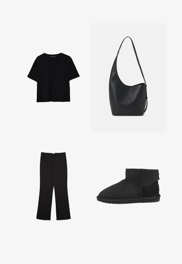 Czarna koszulka z krótkim rękawem wykonana z bawełny. Posiada okrągły dekolt i luźny krój z gładką, jednolitą teksturą. Brak widocznych wzorów lub akcentów.; Czarne spodnie o prostym kroju, z przednimi kieszeniami i bocznymi rozcięciami na dole. Wykonane z miękkiego, gładkiego materiału. Odpowiednie na różne okazje.; Czarne botki sięgające do kostki, wykonane z zamszu i miękkiego materiału, z okrągłym noskiem oraz płaską gumową podeszwą i krótką, zwężającą się cholewką.; Czarna skórzana torba hobo o gładkiej fakturze, zaokrąglonym kształcie i pojedynczym, regulowanym pasku; posiada szerokie otwarcie na górze.