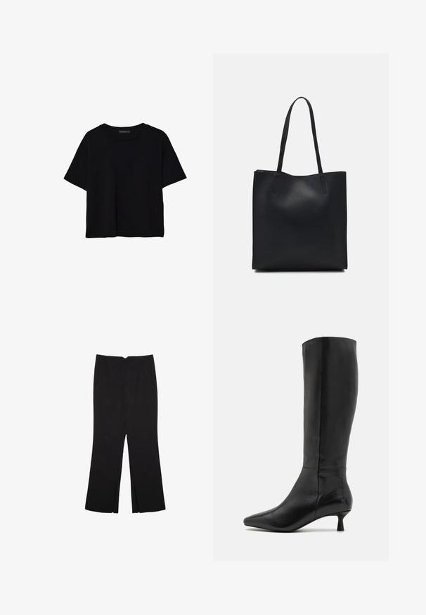 Črna kratkotrajna majica brez rokavov iz bombaža. Ima okroglo ovratnico in sproščen kroj z gladko, enostavno teksturo. Brez vidnih vzorcev ali dodatkov.; Črne hlače ravnega kroja z naglavnimi žepi in stranskimi razporki na robu. Narejene iz mehke, gladke tkanine. Primerne za različne priložnosti.; Zign Škornji - black; Črna usnjena torba s svilnato teksturo, pravokotne oblike in dvema dolgima ročajema. Brez vidnih metalnih delov ali okrasnih elementov.