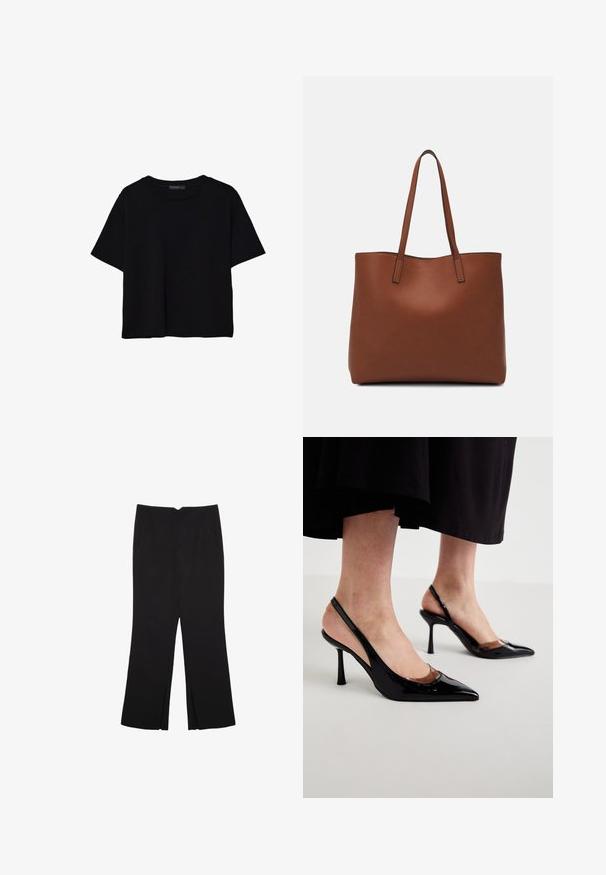 Črna kratkotrajna majica brez rokavov iz bombaža. Ima okroglo ovratnico in sproščen kroj z gladko, enostavno teksturo. Brez vidnih vzorcev ali dodatkov.; Črne hlače ravnega kroja z naglavnimi žepi in stranskimi razporki na robu. Narejene iz mehke, gladke tkanine. Primerne za različne priložnosti.; Črne lakirane slingback pete s koničastimi prstnimi delom in prozornimi izrezi spredaj, postavljene na gladki svetli površini.; Rjava usnjena torba z gladko teksturo, odprto zasnovo zgoraj in dvema naramnima trakovoma. Opremljena je z minimalnim šivanjem in brez vidnih kovinskih delov.