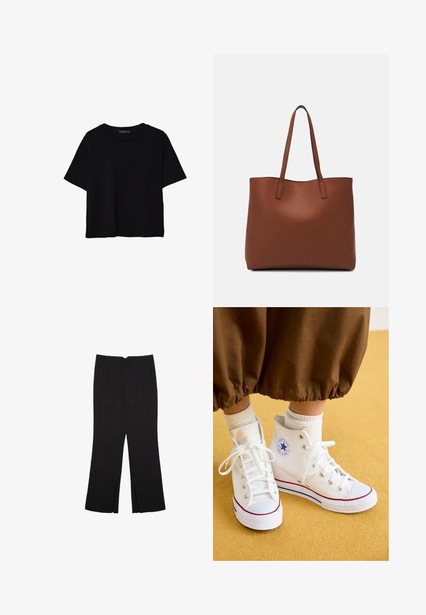 Čierne tričko s krátkym rukávom vyrobené z bavlny. Má okrúhly výstrih a voľný strih s hladkou, jednofarebnou textúrou. Žiadne viditeľné vzory ani akcenty.; Čierne nohavice so strihom rovného strihu, s prednými vreckami a bočnými rozparkami na leme. Vyrobené z mäkkej, hladkej tkaniny. Vhodné na rôzne príležitosti.; Biele vysoké plátené tenisky s gumovou podrážkou, so striebornými očkami, červeným a modrým lemovaním a kruhovým logom na členku.; Hnedá kožená taška na rameno s hladkou textúrou, otvoreným vrchom a dvoma ramenými popruhmi. Má minimálne šitia a žiadne viditeľné kovania.