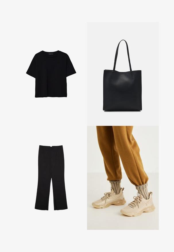 T-shirt nera a maniche corte in cotone. Presenta un collo rotondo e una vestibilità ampia con una texture liscia e uniforme. Nessun motivo o accento visibile.; Pantaloni neri a gamba dritta, con tasche frontali e spacchi laterali all'orlo. Realizzati in tessuto morbido e liscio. Adatti a diverse occasioni.; Scarpe da ginnastica beige con tomaia in rete, decorazioni scintillanti e suola spessa in gomma. Abbinato a calze beige a righe e pantaloni jogger marroni.; Borsa tote in pelle nera con texture liscia, forma rettangolare e due manici lunghi. Nessun hardware o decorazione visibile.