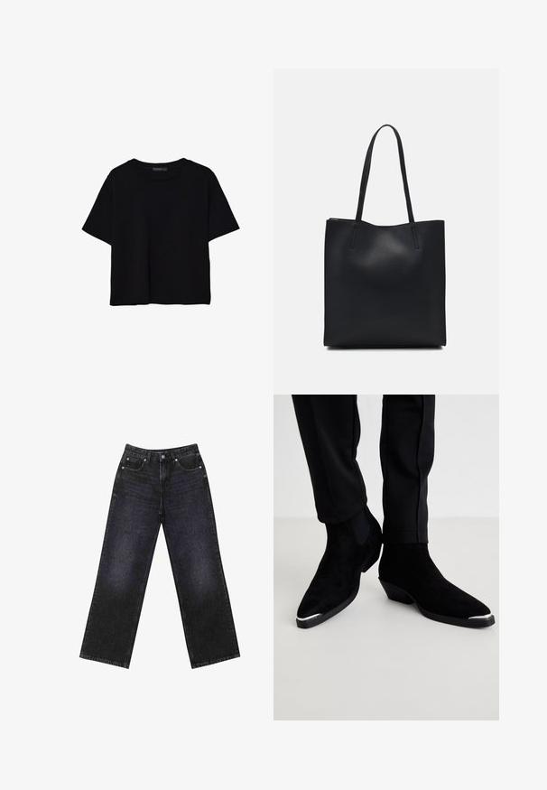 T-shirt nera a maniche corte in cotone. Presenta un collo rotondo e una vestibilità ampia con una texture liscia e uniforme. Nessun motivo o accento visibile.; Jeans in denim neri a vita alta con un taglio a gamba larga, design a cinque tasche e cuciture visibili. Il tessuto ha una finitura liscia e leggermente tessurizzata.; Stivaletti neri in suede con punta affusolata e tacco basso. Presentano una punta in metallo argentato e pannelli laterali elastici. Indossati con pantaloni neri aderenti.; Borsa tote in pelle nera con texture liscia, forma rettangolare e due manici lunghi. Nessun hardware o decorazione visibile.