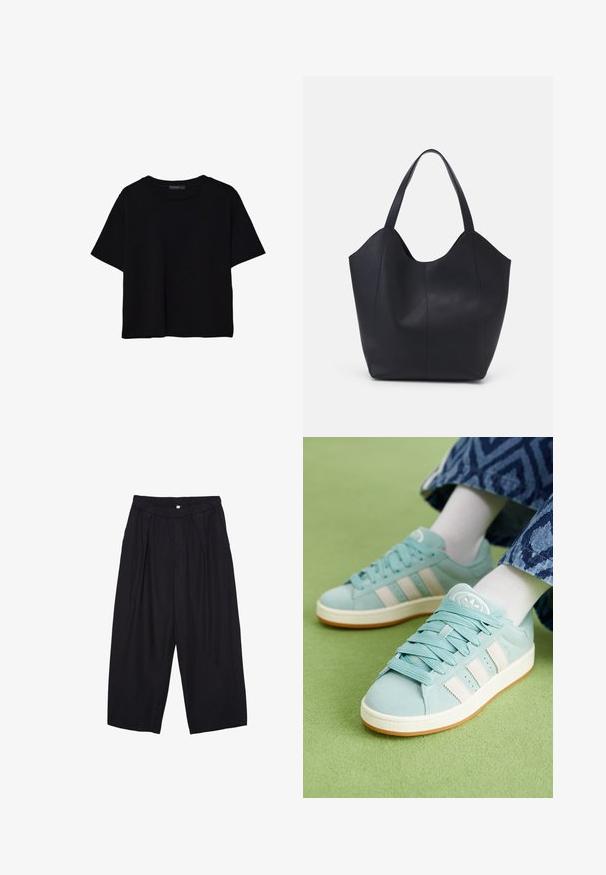 Sort kortærmet T-shirt lavet af bomuld. Har rund hals og en løs pasform med en glat, ensfarvet tekstur. Ingen synlige mønstre eller detaljer.; Sorte polyester culotte bukser med elastisk talje, to forpiber og en løs silhuet. Ingen synlige mønstre eller hardware detaljer.; Lyseblå sneakers med en ruskindsoverflade, der har tre hvide striber, matchende snørebånd og en gummisål. Accentueret med et logo på tungen.; Sort tote taske lavet af glat læder, med en buet, åben top, to skulderstropper og et minimalistisk design.