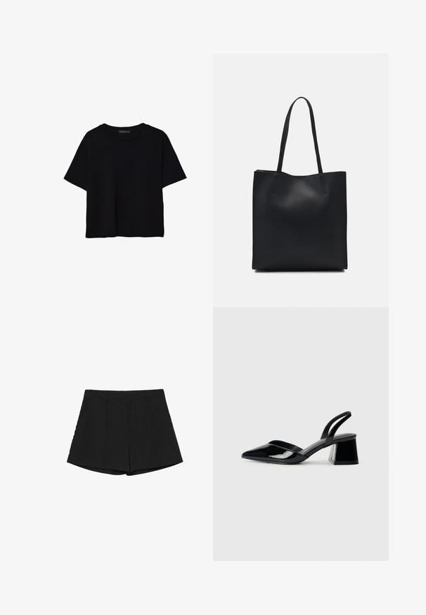 Čierne tričko s krátkym rukávom vyrobené z bavlny. Má okrúhly výstrih a voľný strih s hladkou, jednofarebnou textúrou. Žiadne viditeľné vzory ani akcenty.; Čierne kraťasy s prispôsobeným dizajnom, s plochým predným dielom, dvoma bočnými vreckami a rovným lemom. Hladká tkanina s čistým povrchom.; Čierne lakované kožené sandálové podpätky s špicatou špičkou a geometrickým blokovým podpätkom. Disponujú elegantným, minimalistickým dizajnom a hladkým povrchom.; Čierna kožená taška na rameno s hladkým povrchom, obdĺžnikovým tvarom a dvoma dlhými uchami. Bez viditeľného kovania alebo ozdôb.