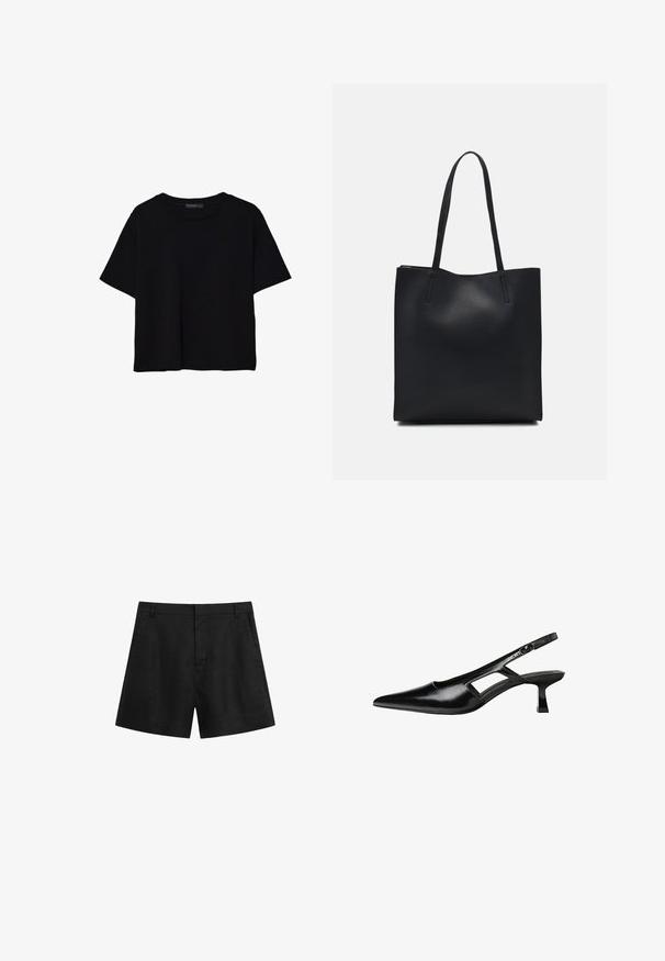 Czarna koszulka z krótkim rękawem wykonana z bawełny. Posiada okrągły dekolt i luźny krój z gładką, jednolitą teksturą. Brak widocznych wzorów lub akcentów.; Czarne lniane szorty z dopasowaną talią, bocznymi kieszeniami i dopasowanym krojem. Posiadają gładką teksturę i płaski przód bez widocznych zdobień.; Czarne lakierowane czółenka na odkrytej pięcie z wąskim noskiem, z wykrojem po bokach i małym kwadratowym obcasem. Gładka faktura z minimalnymi akcentami.; Czarna skórzana torba tote o gładkiej fakturze, prostokątnym kształcie i dwóch długich uchwytach. Brak widocznych elementów metalowych i ozdób.