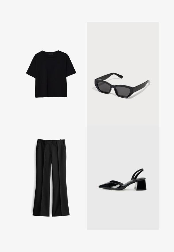 Black short-sleeve t-shirt made of cotton. Features a round neck and a loose fit with a smooth, plain texture. No visible patterns or accents.; Black tailored trousers with a wide leg design, made of smooth fabric. Features front pockets and a flat front with pleats.; Black patent leather slingback heels with a pointed toe and a geometric block heel. Features a sleek, minimal design and smooth texture.; Black rectangular sunglasses with thick frames, dark lenses, and angular design. Smooth plastic material with no visible patterns or accents.