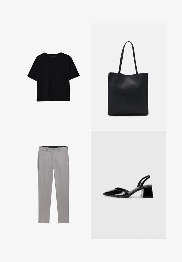Sort kortærmet T-shirt lavet af bomuld. Har rund hals og en løs pasform med en glat, ensfarvet tekstur. Ingen synlige mønstre eller detaljer.; TOM TAILOR MIA SLIM - Chino - explicit grey; Sorte patentlæder slingback hæle med spids tå og en geometrisk blok hæl. Har et elegant, minimalistisk design og en glat tekstur.; Sort læder tote taske med glat tekstur, rektangulær form og to lange hanke. Ingen synlig hardware eller udsmykninger.