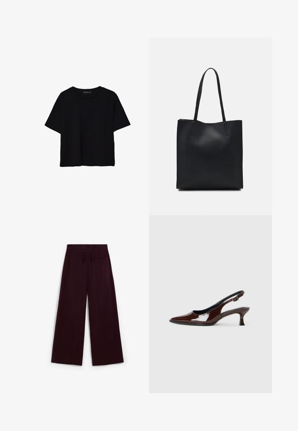 Schwarzes T-Shirt mit kurzen Ärmeln aus Baumwolle. Verfügt über einen runden Ausschnitt und einen lockeren Schnitt mit einer glatten, einfarbigen Textur. Keine sichtbaren Muster oder Akzente.; Weit geschnittene Hosen in tiefem Burgunderrot, mit glatter Textur, zwei Gesäßtaschen und flachem Bund.; Braune Lackleder-Slingback-Schuhe mit spitzer Zehe und moderatem Absatz. Mit einem Schnallenriemen für einen sicheren Sitz. Glatte Textur.; Schwarze Laptoptasche aus Leder mit glatter Textur, rechteckiger Form und zwei langen Griffen. Keine sichtbaren Beschläge oder Verzierungen.