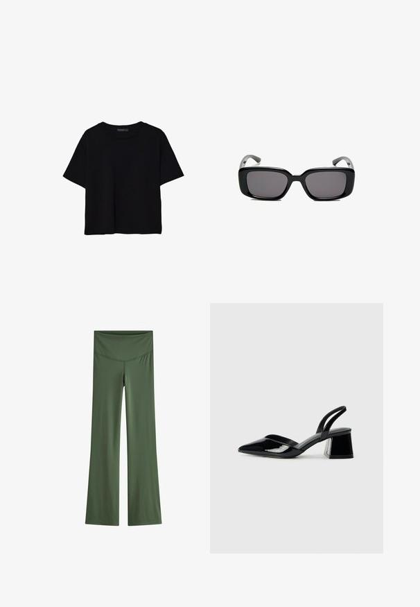 Črna kratkotrajna majica brez rokavov iz bombaža. Ima okroglo ovratnico in sproščen kroj z gladko, enostavno teksturo. Brez vidnih vzorcev ali dodatkov.; Razširjene legice iz enobarvnega olivno zelene tkanine, ki imajo gladek pas in eleganten dizajn brez izrazitih vzorcev ali okrasnih dodatkov.; Črne lakirane slingback pete s koničastim nosom in geometrijsko blokasto peto. Imajo eleganten, minimalističen dizajn in gladko teksturo.; Črne pravokotne sončne očala z temnimi lečami, gladkim plastičnim okvirjem in ukrivljenimi nogicami. Oblika je robustna in minimalistična.