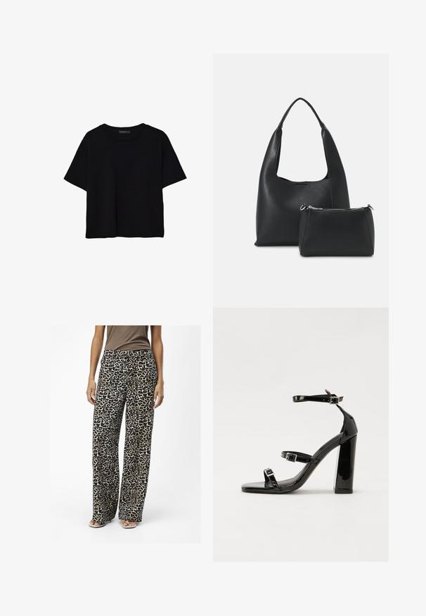 Svart t-shirt med kort ärm tillverkad av bomull. Har en rund hals och en lös passform med en slät, enfärgad yta. Inga synliga mönster eller accenter.; Leopardmönstrade vida byxor i mjukt tyg, med svarta och bruna färger, avslappnad passform och subtila sidofickor.; Svarta lackerade klacksandaler med fyrkantig tå, ankelremmar och silverfärgade spännen. Har en kraftig blockklack för stabilitet.; Even&Odd Handväska - black