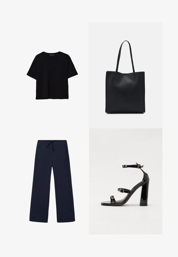 Čierne tričko s krátkym rukávom vyrobené z bavlny. Má okrúhly výstrih a voľný strih s hladkou, jednofarebnou textúrou. Žiadne viditeľné vzory ani akcenty.; Námornícke široké nohavice s prúžkovaným vzorom, s elastickým pásom a šnúrkou, bočnými vreckami a štruktúrovanou tkaninou.; Čierne lakované sandále na podpätku so štvorcovou špičkou, navlečenými remienkami okolo členku a striebornými prackami. Disponujú masívnym blokovým podpätkom pre stabilitu.; Čierna kožená taška na rameno s hladkým povrchom, obdĺžnikovým tvarom a dvoma dlhými uchami. Bez viditeľného kovania alebo ozdôb.