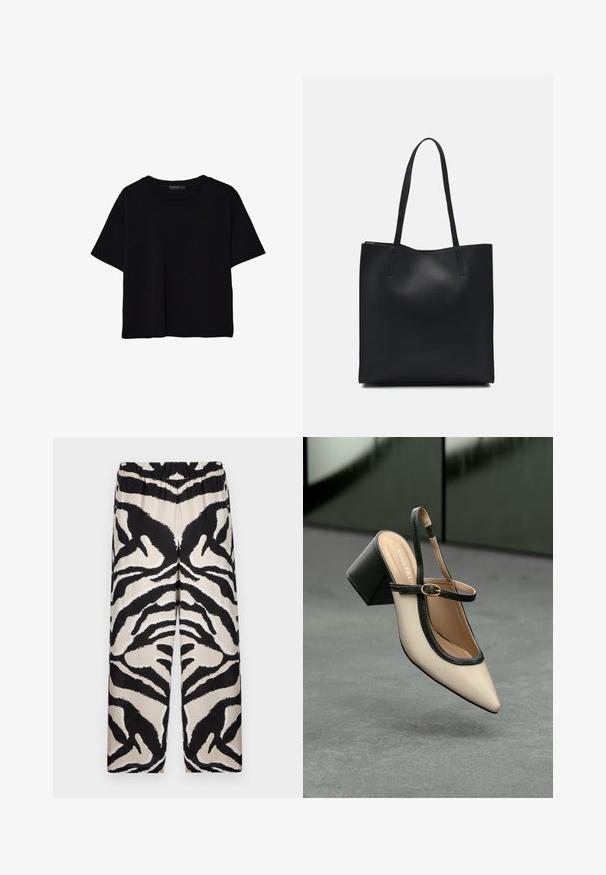 Čierne tričko s krátkym rukávom vyrobené z bavlny. Má okrúhly výstrih a voľný strih s hladkou, jednofarebnou textúrou. Žiadne viditeľné vzory ani akcenty.; Čierne a béžové vzorované široké nohavice s elastickým pásom, ktoré majú výrazný dizajn zebry na hladkej látke.; Béžová lodička so špicatou špičkou, s čiernym lemom, zlatou prackou a robustným blokovým podpätkom na šedom podlahe s tmavozeleným pozadím.; Čierna kožená taška na rameno s hladkým povrchom, obdĺžnikovým tvarom a dvoma dlhými uchami. Bez viditeľného kovania alebo ozdôb.