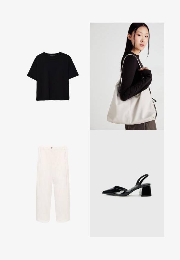 T-shirt nera a maniche corte in cotone. Presenta un collo rotondo e una vestibilità ampia con una texture liscia e uniforme. Nessun motivo o accento visibile.; Pantaloni bianchi a gamba larga realizzati in morbido cotone. Presentano una chiusura frontale con bottone e tasche laterali. Design a gamba dritta, senza motivi.; Décolleté in vernice nera con punta affusolata e tacco in geometria cubica. Presentano un design elegante e minimalista, con una texture liscia.; Borsa a mano beige realizzata in materiale morbido, caratterizzata da un design morbido, dettagli cuciti e due manici. Adatta per l'uso quotidiano.