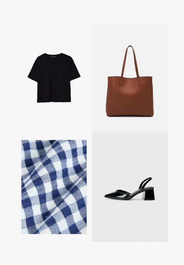 Schwarzes T-Shirt mit kurzen Ärmeln aus Baumwolle. Verfügt über einen runden Ausschnitt und einen lockeren Schnitt mit einer glatten, einfarbigen Textur. Keine sichtbaren Muster oder Akzente.; Baumwollstoff mit einem blau-weißen Karomuster zeigt kleine, gleichmäßige Karos. Die Textur wirkt gewebt und glatt.; Schwarze Lackleder-Slingback-High Heels mit spitzem Schuh und einem geometrischen Blockabsatz. Verfügt über ein schlankes, minimalistisches Design und eine glatte Textur.; Braune Leder-Tote mit glatter Textur, offenem Oberteil und zwei Schulterriemen. Verfügt über minimale Nähte und keine sichtbaren Beschläge.