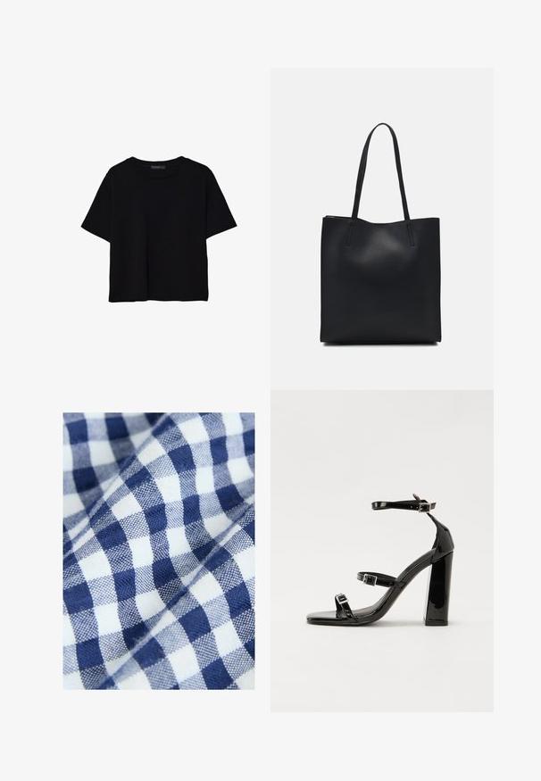 T-shirt noir à manches courtes en coton. Présente un col rond et une coupe ample avec une texture lisse et unie. Aucun motif ni accent visible.; Un tissu en coton avec un motif écossais bleu et blanc présente de petits carreaux égaux. La texture semble tissée et lisse.; Sandales à talons vernies noires avec un bout carré, des sangles autour de la cheville et des boucles en argent. Dotées d'un talon bloc épais pour plus de stabilité.; Sac fourre-tout en cuir noir avec une texture lisse, de forme rectangulaire et deux longues poignées. Pas de matériel ou d'ornementations visibles.