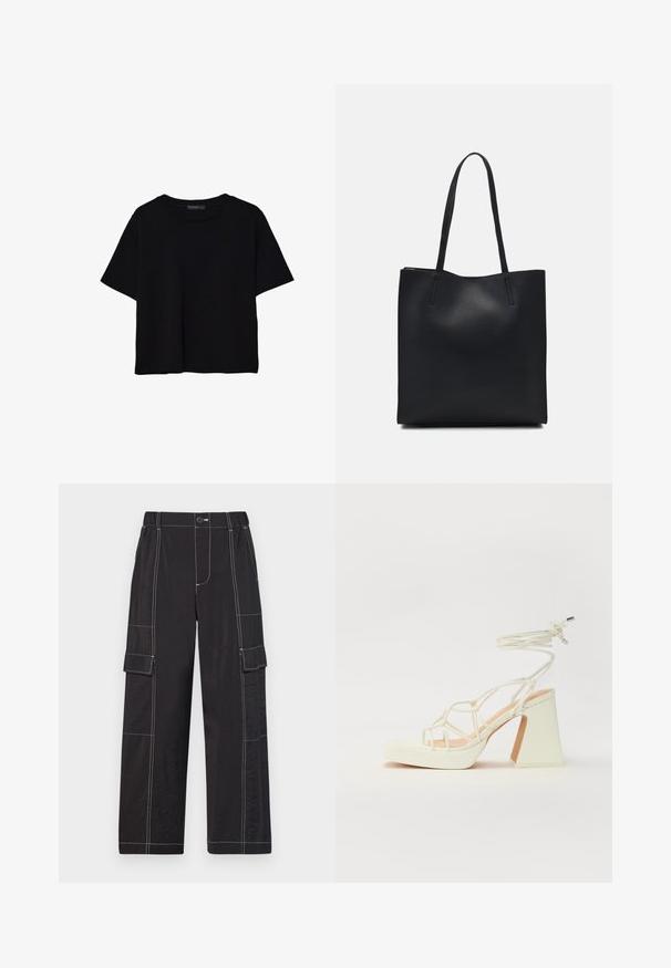 Črna kratkotrajna majica brez rokavov iz bombaža. Ima okroglo ovratnico in sproščen kroj z gladko, enostavno teksturo. Brez vidnih vzorcev ali dodatkov.; GAP DOUBLE CARGO PULL ON - Hlače - black; Bela sandala na visokih petah s debelim petam, ki ima obliko trakcev in vezanje okoli gležnja. Gladka tekstura z platformo spredaj za dodatno višino.; Črna usnjena torba s svilnato teksturo, pravokotne oblike in dvema dolgima ročajema. Brez vidnih metalnih delov ali okrasnih elementov.