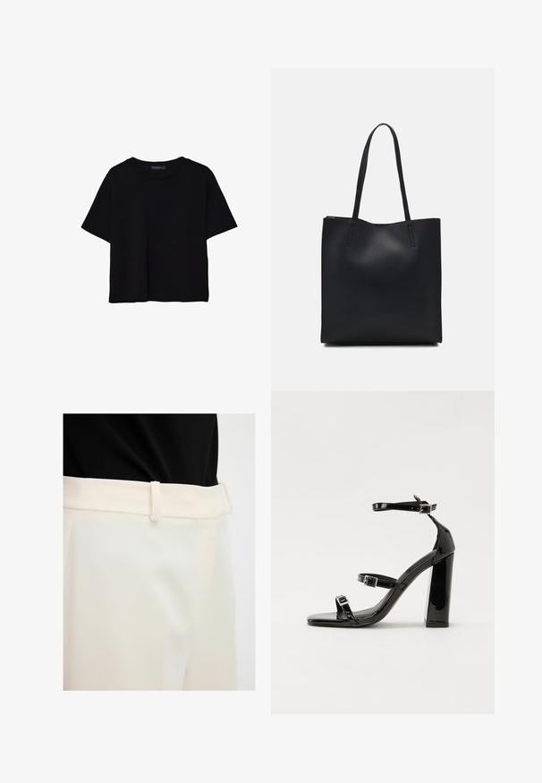 Zwart kortemouwen t-shirt van katoen. Heeft een ronde hals en een losse pasvorm met een gladde, egaal textuur. Geen zichtbare patronen of accenten.; Beige broek van een gladde stof, met een vlakke tailleband en ceintuurlussen. De stof lijkt lichtgewicht en heeft een licht glanzende afwerking.; Zwarte gepatenteerde sandalen met hak en een vierkante neus, enkelbandjes en zilveren gespen. Heeft een stevige blokhak voor stabiliteit.; Zwarte leren handtas met een gladde textuur, rechthoekige vorm en twee lange handvaten. Geen zichtbare hardware of versieringen.