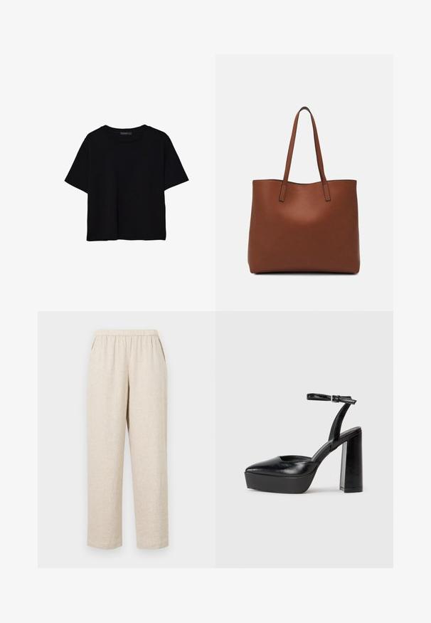 Črna kratkotrajna majica brez rokavov iz bombaža. Ima okroglo ovratnico in sproščen kroj z gladko, enostavno teksturo. Brez vidnih vzorcev ali dodatkov.; Bež lanene hlače z elastičnim pasom, ki imajo stranske žepe, ravne hlačnice in teksturirano tkanino.; Črne platforme z visokimi petami in koničastim nosom ter nastavljivim gležnjenjskim trakom. Narejene iz gladke usnje, s kockasto peto.; Rjava usnjena torba z gladko teksturo, odprto zasnovo zgoraj in dvema naramnima trakovoma. Opremljena je z minimalnim šivanjem in brez vidnih kovinskih delov.