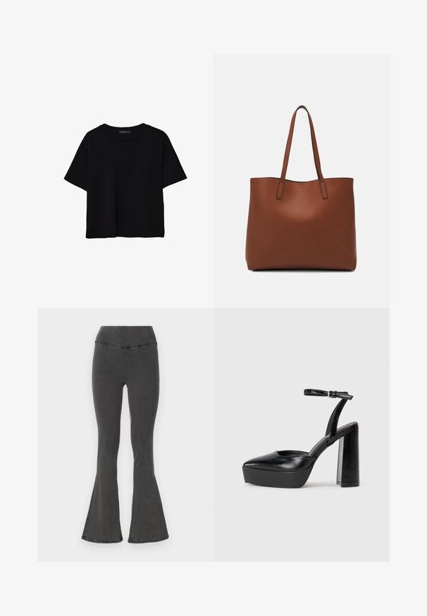 Črna kratkotrajna majica brez rokavov iz bombaža. Ima okroglo ovratnico in sproščen kroj z gladko, enostavno teksturo. Brez vidnih vzorcev ali dodatkov.; Zazežene črne denim hlače z širokim pasom, ki imajo gladko teksturo in šivano obdelavo ob šivih.; Črne platforme z visokimi petami in koničastim nosom ter nastavljivim gležnjenjskim trakom. Narejene iz gladke usnje, s kockasto peto.; Rjava usnjena torba z gladko teksturo, odprto zasnovo zgoraj in dvema naramnima trakovoma. Opremljena je z minimalnim šivanjem in brez vidnih kovinskih delov.