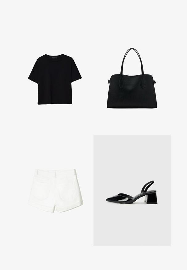 Crna majica kratkih rukava od pamuka. Ima okrugli izrez i labav kroj s glatkom, jednoličnom teksturom. Nema vidljivih uzoraka ili akcenta.; Bijele traperice s obrnutošću, dva stražnja džepa i glatkom teksturom. Jednostavan dizajn bez vidljivih metalnih dijelova ili uzoraka.; Crne lakirane kožne sandale s otvorenom petom i špicastim vrhom, s geometrijskom blok petom. Imaju elegantan, minimalistički dizajn i glatku teksturu.; Crna kožna torba s dvostrukim naramenicama, pravokutnog oblika i minimalističkim dizajnom na bijeloj pozadini.