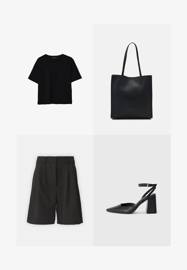 Čierne tričko s krátkym rukávom vyrobené z bavlny. Má okrúhly výstrih a voľný strih s hladkou, jednofarebnou textúrou. Žiadne viditeľné vzory ani akcenty.; Čierne kraťasy s prispôsobeným strihom, so záhybmi na prednej strane, širokým pásom a hladkou textúrou. Bez viditeľných vreciek.; Čierne kožené lodičky s špicatou špičkou a členkovým remienkom, s masívnym podpätkom. Hladký povrch, elegantný dizajn a minimalistická estetika.; Čierna kožená taška na rameno s hladkým povrchom, obdĺžnikovým tvarom a dvoma dlhými uchami. Bez viditeľného kovania alebo ozdôb.